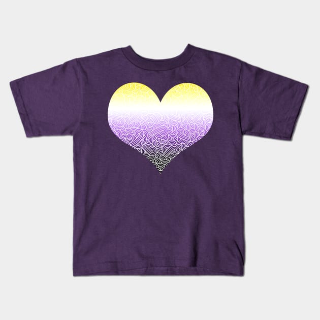 Ombré non-binary colours and white swirls doodles heart Kids T-Shirt by Savousepate